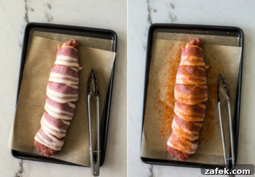 Exquisite Bacon-Wrapped Stuffed Pork Tenderloin 7 Diptych showing the rolled stuffed pork tenderloin being wrapped with bacon slices on one side, and then seasoned with BBQ rub on the other side