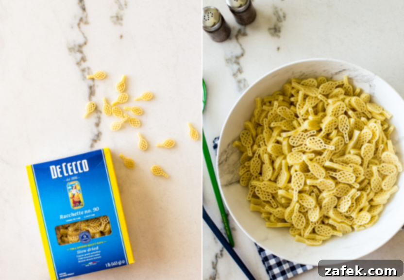 The Ultimate BLT Avocado Pasta Salad 5 Diptich of a box of De Cecco Racchette pasta and a bowl of cooked, cooled pasta