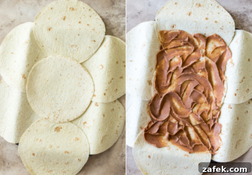 Diptych showing the first step of carefully arranging burrito-size flour tortillas on a buttered sheet pan, and the subsequent step of spreading a smooth, even layer of refried beans over the entire tortilla base