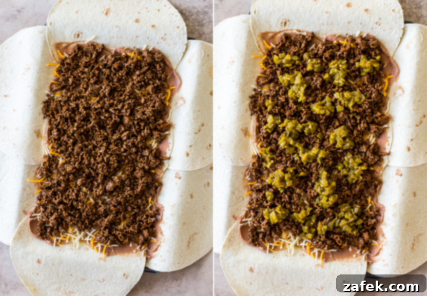 Diptych illustrating the continuous filling process: one image shows seasoned ground beef being spread over tortillas followed by green chiles, and another image details the addition of vibrant salsa and a generous sprinkle of more shredded cheese as the next layers