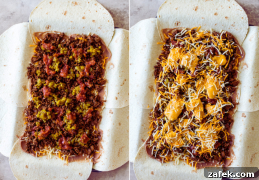 Diptych visually demonstrating the final stages of filling preparation: one image shows salsa and the remaining shredded cheese being carefully added to the quesadilla layers, and the other image highlights the final touch of creamy queso being artfully spread over the top of the cheese, ready for baking