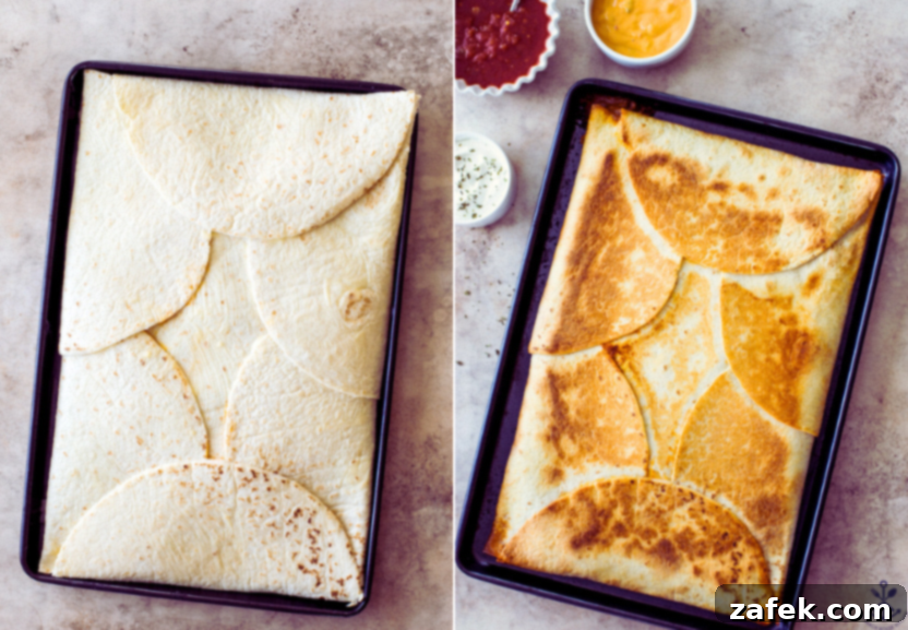 Diptych contrasting pre-baked and baked sheet pan quesadillas: one image shows the tortillas neatly folded over the filling with a second sheet pan resting on top, and the other image proudly displays the finished, golden-brown, and perfectly crispy quesadillas after baking