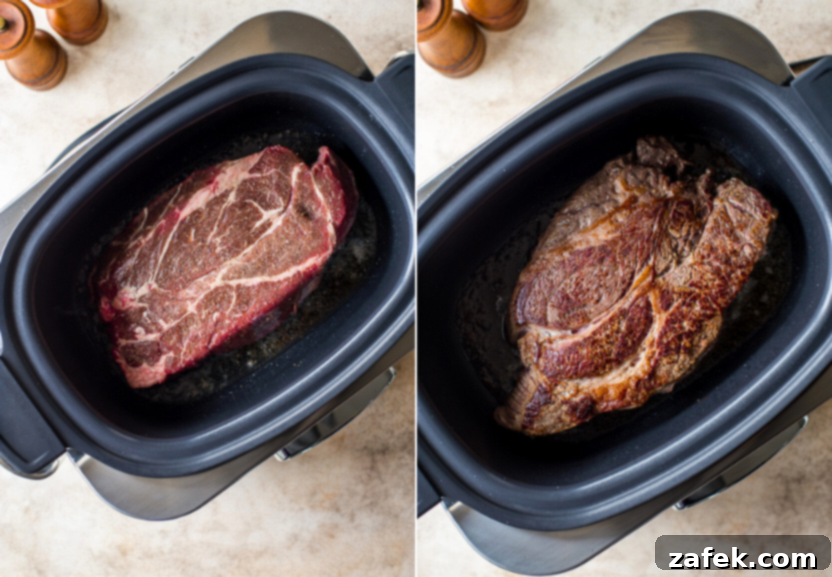 Diptich of a chuck roast in a slow cooker, before and after adding other ingredients