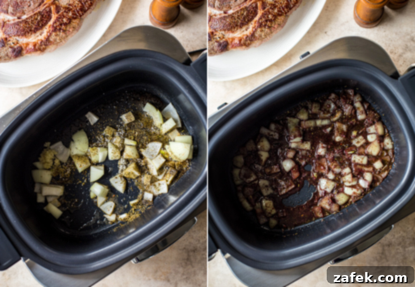Diptich of onions being cooked in a slow cooker with spices and wine, showing the aromatic development