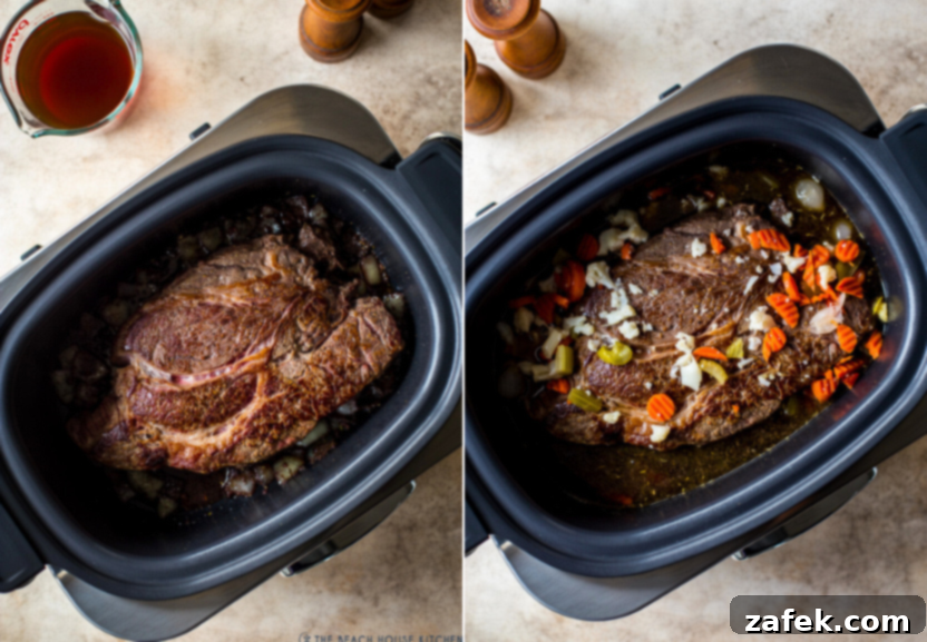 Diptich of chuck roast in slow cooker, then covered in pickled veggies and broth