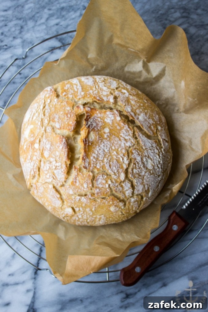 Close-up shot of the rustic no-knead bread, showcasing its beautiful texture and golden hue