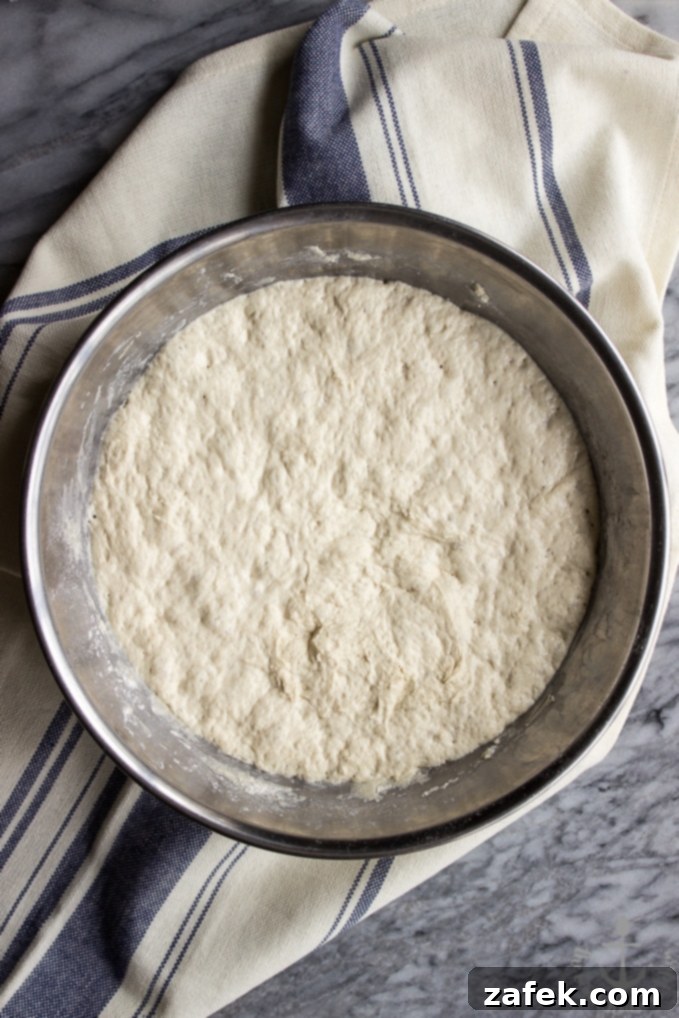 Two images side by side showing different angles of the rustic no-knead bread loaf