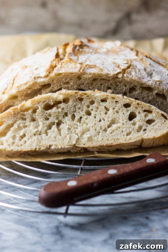 An appetizing close-up of a slice of rustic no-knead bread with a smear of butter