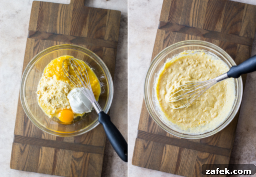 Southwest Tamale Bake 5 Diptych showing a box of Jiffy cornbread mix on one side and the mixed cornbread batter in a bowl on the other, ready for baking