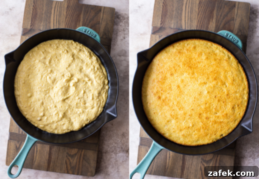 Southwest Tamale Bake 6 A diptych showing unbaked cornbread batter in a skillet on one side and a perfectly baked, golden brown cornbread crust in the same skillet on the other