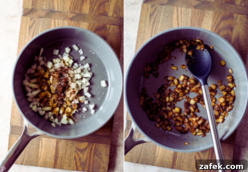 Southwest Tamale Bake 7 Diptych showing raw onions and spices in a skillet on one side and the same mixture sautéing until softened and fragrant on the other