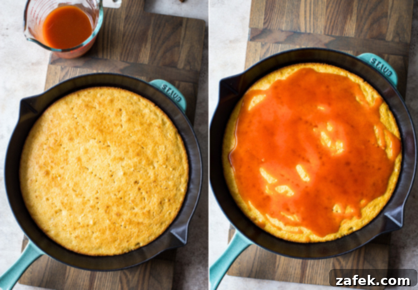 Southwest Tamale Bake 8 Diptych showing a plain baked cornbread crust in a skillet on one side and the same cornbread topped with a vibrant red enchilada sauce on the other, ready for the next layer