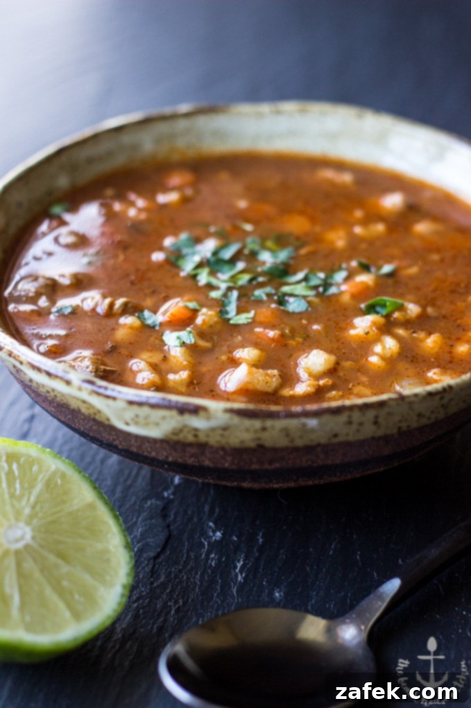 Traditional Mexican Pozole stew in a bowl