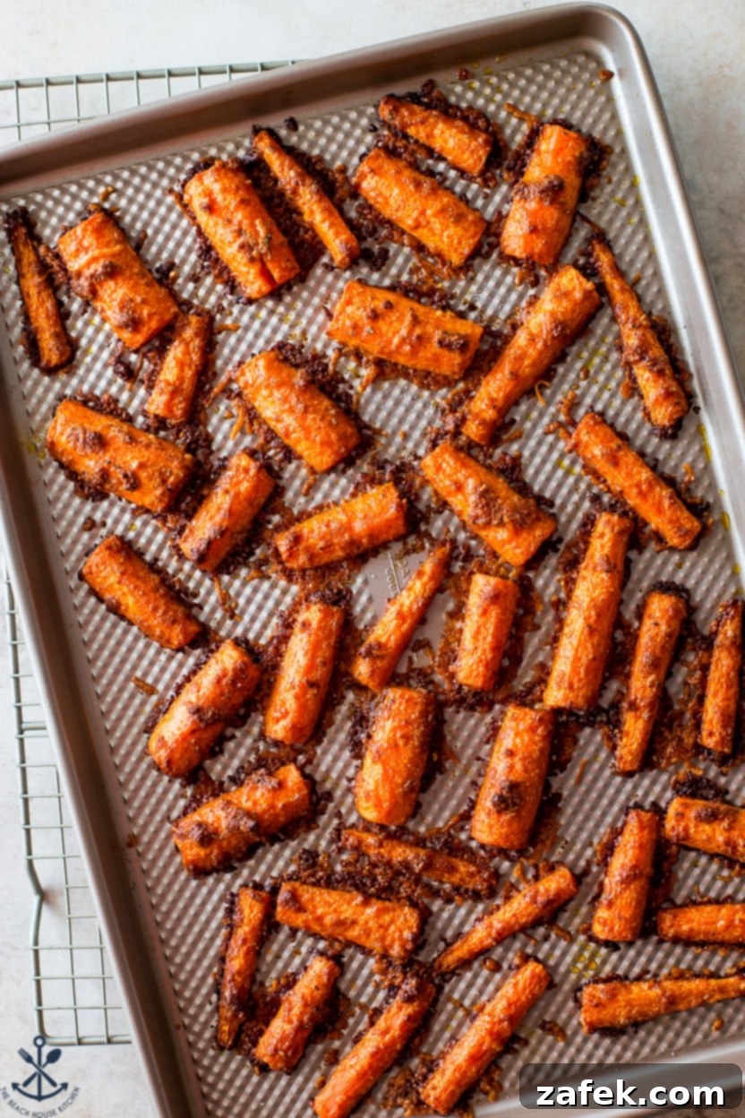 Overhead photo of a tray of Parmesan Roasted Carrots
