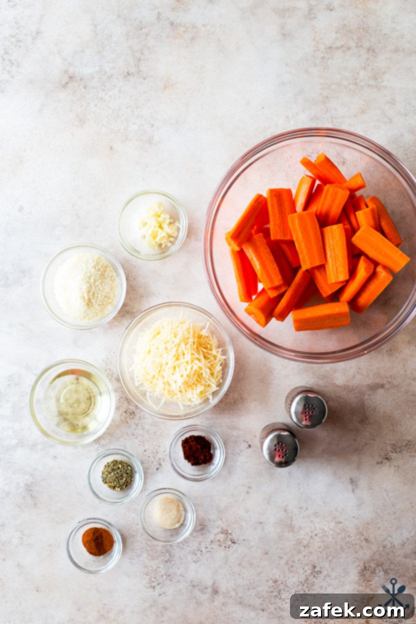 Overhead photo of ingredients for parmesan carrots