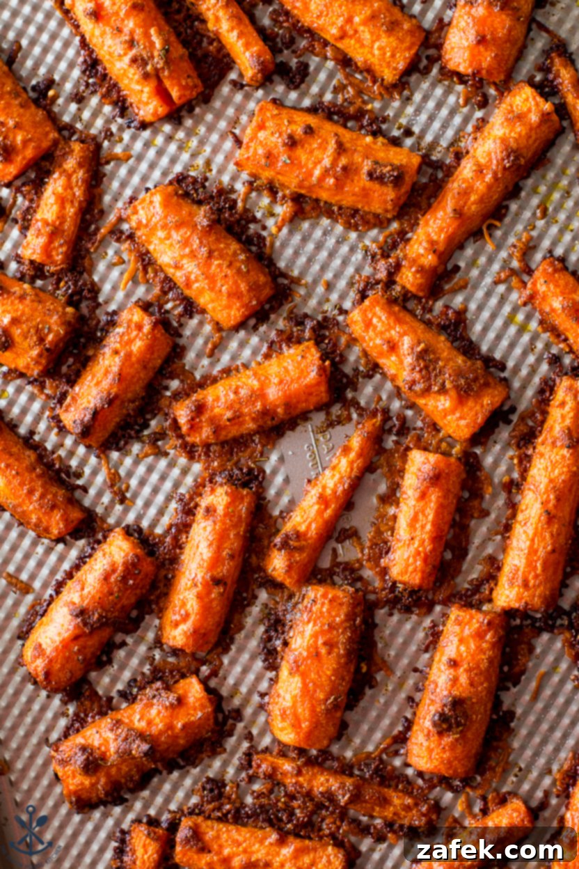 Up close overhead photo of parmesan roasted carrots