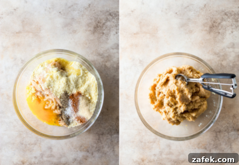 Hands gently mixing ground chicken meatball ingredients in a large bowl, emphasizing the 'do not overmix' instruction.
