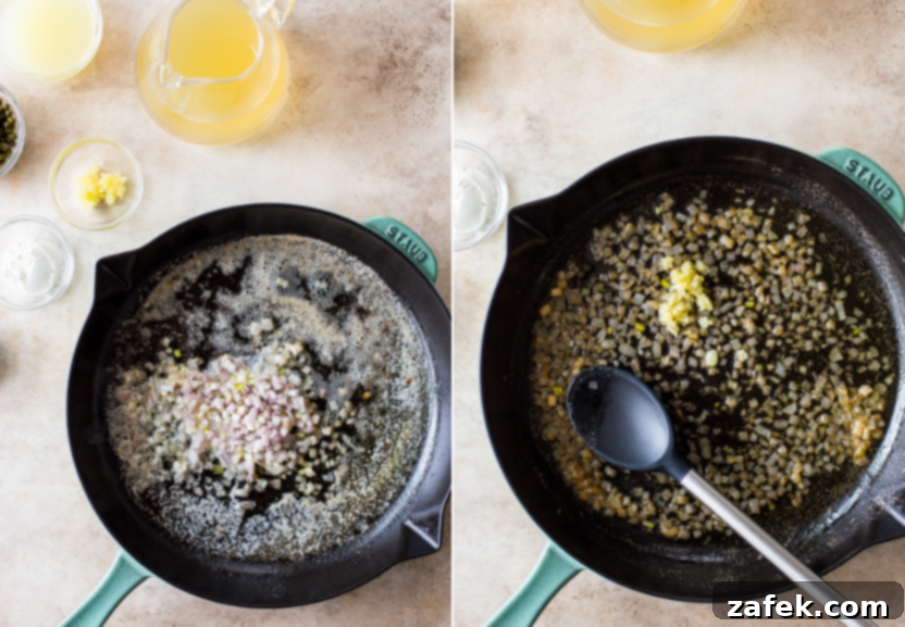Chopped shallots and minced garlic sautéing in melted butter in a skillet, forming the base of the piccata sauce.