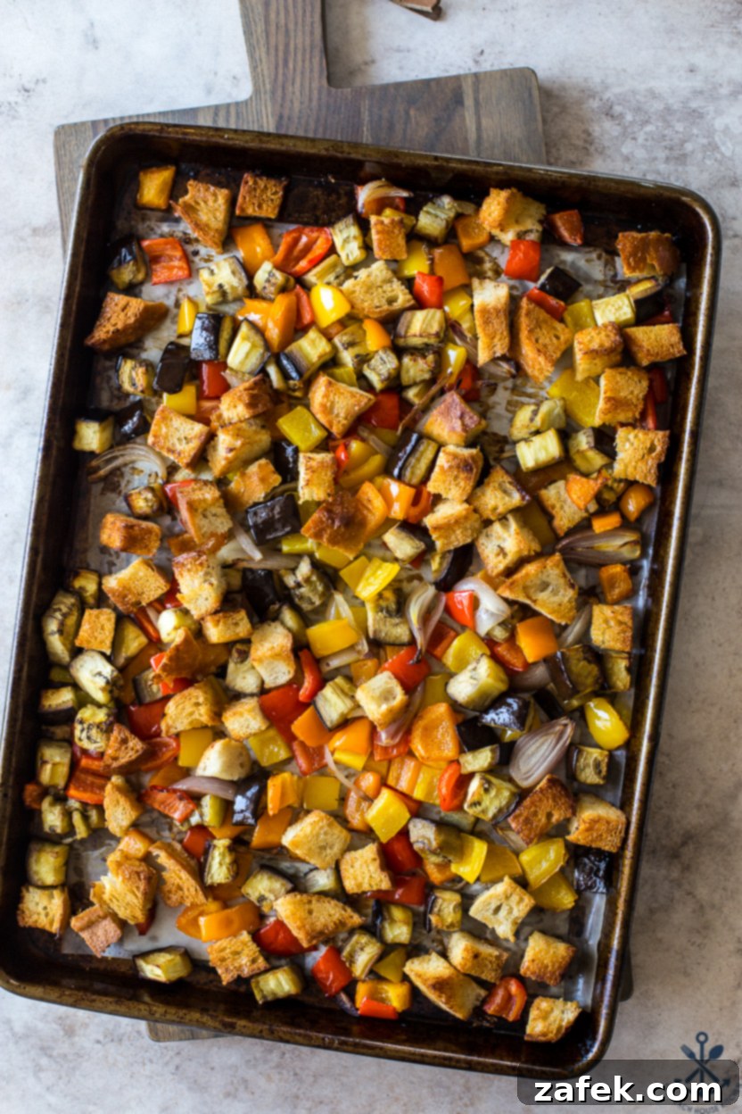 Overhead photo of a Sheet Pan Roasted Vegetable Panzanella