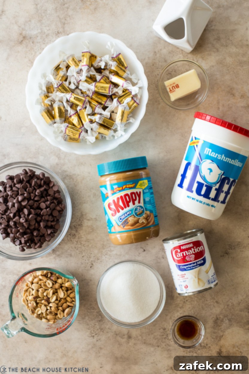 Caramel Peanut Chocolate Dream Cups 5 A vibrant close-up photo of various ingredients beautifully arranged for making homemade Snickers cups, prominently featuring chocolate chips, creamy peanut butter, and unwrapped caramels.