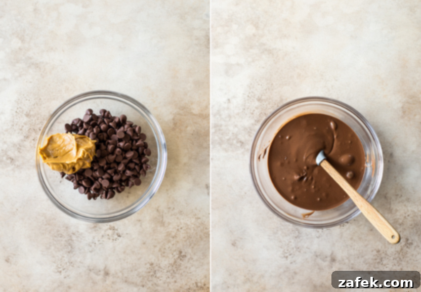 Caramel Peanut Chocolate Dream Cups 6 Diptych displaying the initial stages of the recipe: a glass bowl containing chocolate chips and peanut butter, and another glass bowl filled with the smoothly melted chocolate mixture.