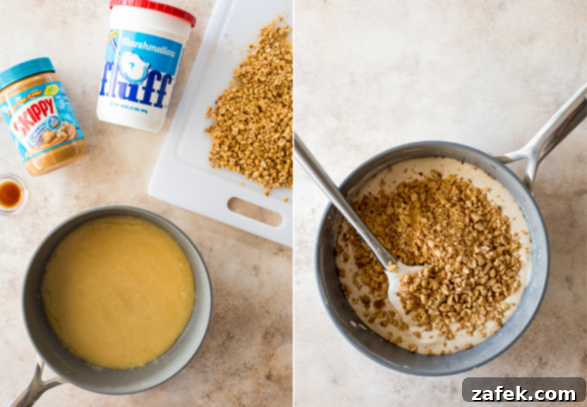 Caramel Peanut Chocolate Dream Cups 7 Diptych illustrating the preparation of the nougat layer: one image shows a pot with melted sugar mixture, peanut butter, and marshmallow creme, while the other displays the finished nougat filling generously topped with chopped peanuts.