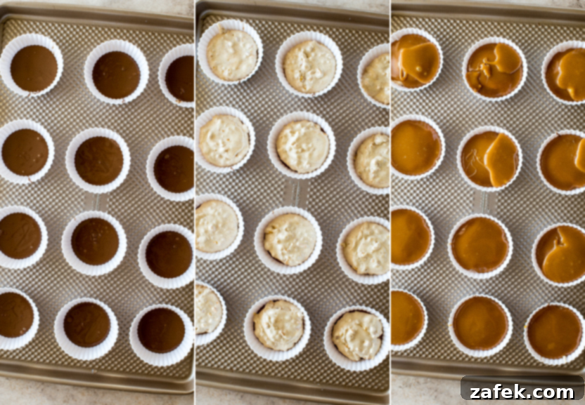 Caramel Peanut Chocolate Dream Cups 8 A triptych showcasing the three critical layering stages: melted chocolate forming the base in muffin cups, followed by nougat-filled muffin cups, and finally, caramel-filled muffin cups.