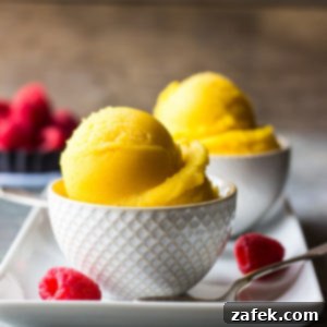 Mango sorbet in a small white bowl, garnished with fresh raspberries.