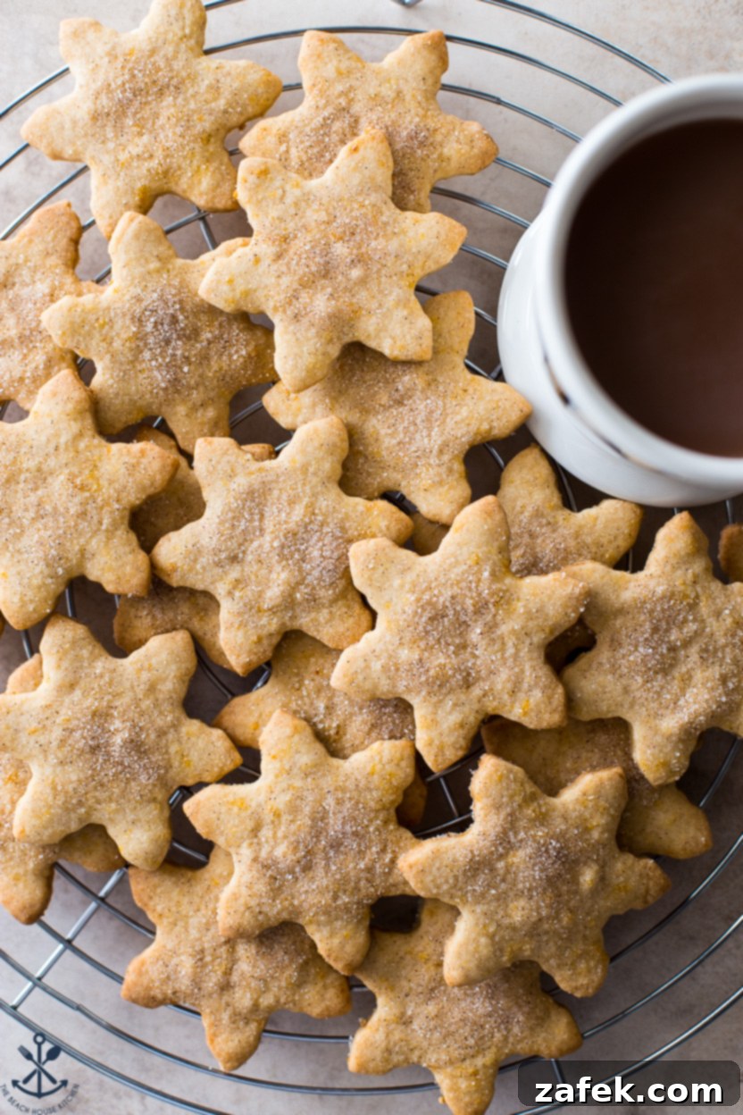 Cinnamon orange cookies on a round wire rack with a mug of hot cocoa