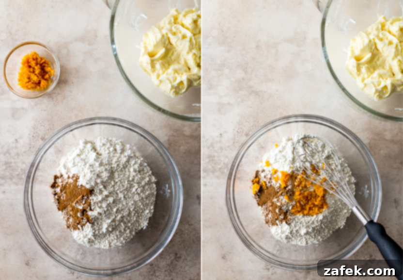 Diptich of flour mixture in a glass bowl and flour mixture topped with orange zest in a glass bowl