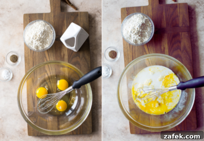 Diptych showing a bowl of raw eggs and a bowl of whisked eggs and milk, ready for the Greek egg bake.
