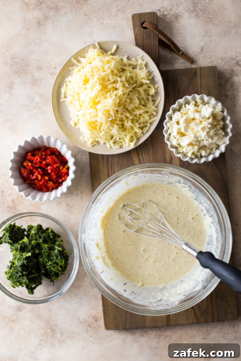 Overhead photo of a bowl filled with various ingredients for a Greek Egg Bake, including cheese, spinach, and roasted red peppers.
