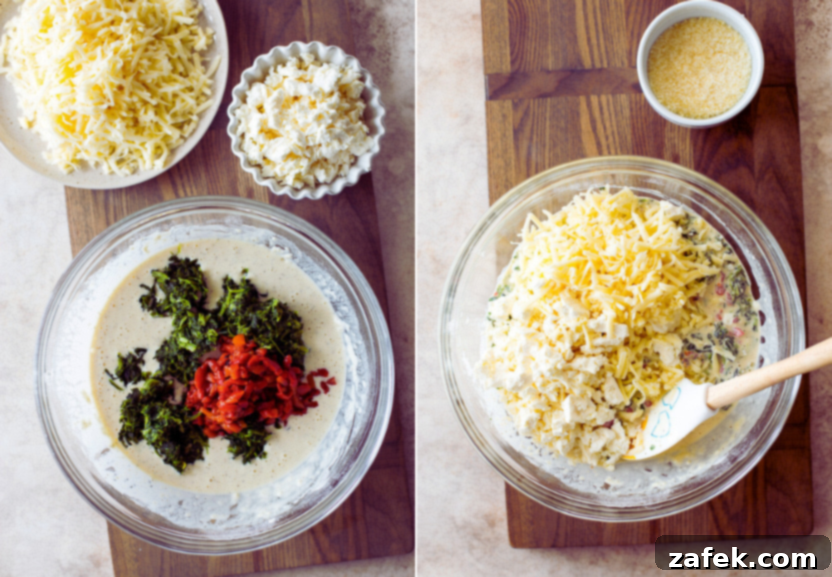 Diptych showing a bowl of egg mixture with veggies and cheeses, and the mixture poured into a skillet ready for baking.