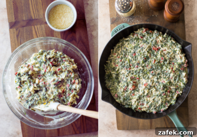 Diptych displaying the egg mixture with vegetables in a mixing bowl and then transferred to a skillet, ready for the oven.