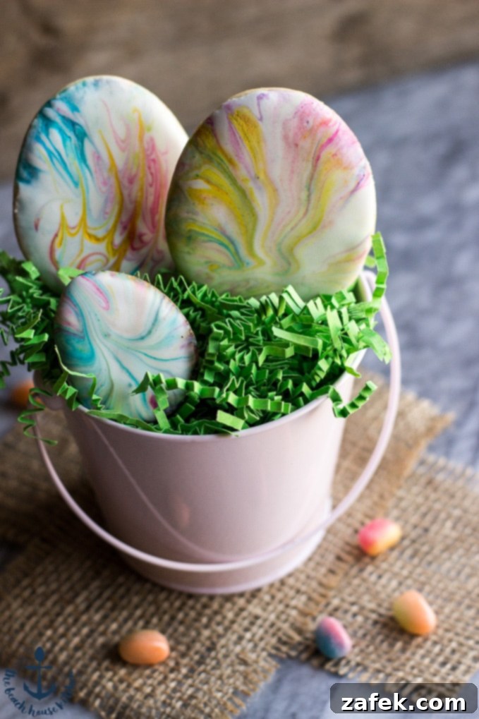 Several Easter Egg Sugar Cookies neatly arranged, with soft lighting highlighting the glossy royal icing