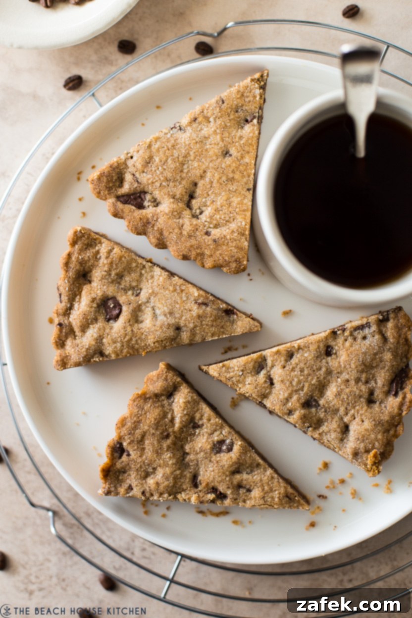 Espresso Chocolate Chunk Shortbread slices on a serving board