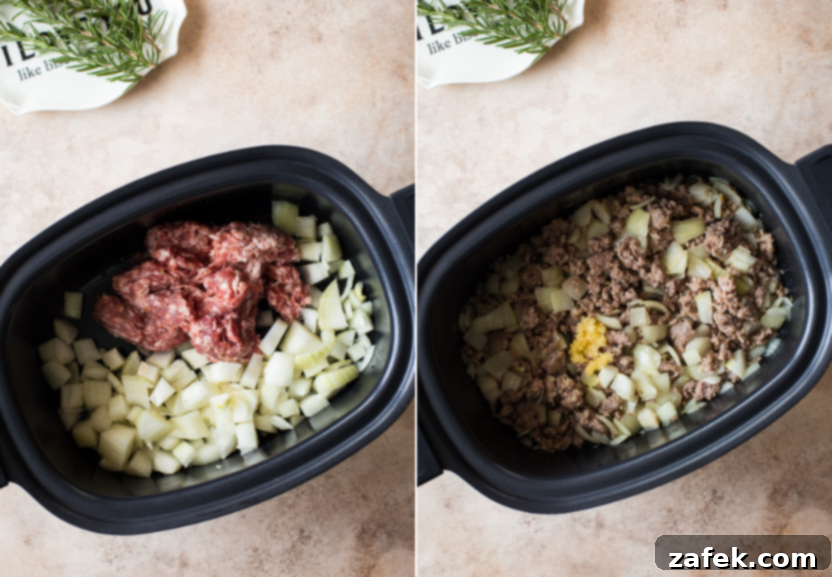 Diptych showing uncooked sausage and onions in a slow cooker on the left, and cooked, browned sausage and translucent onions in the same slow cooker on the right.