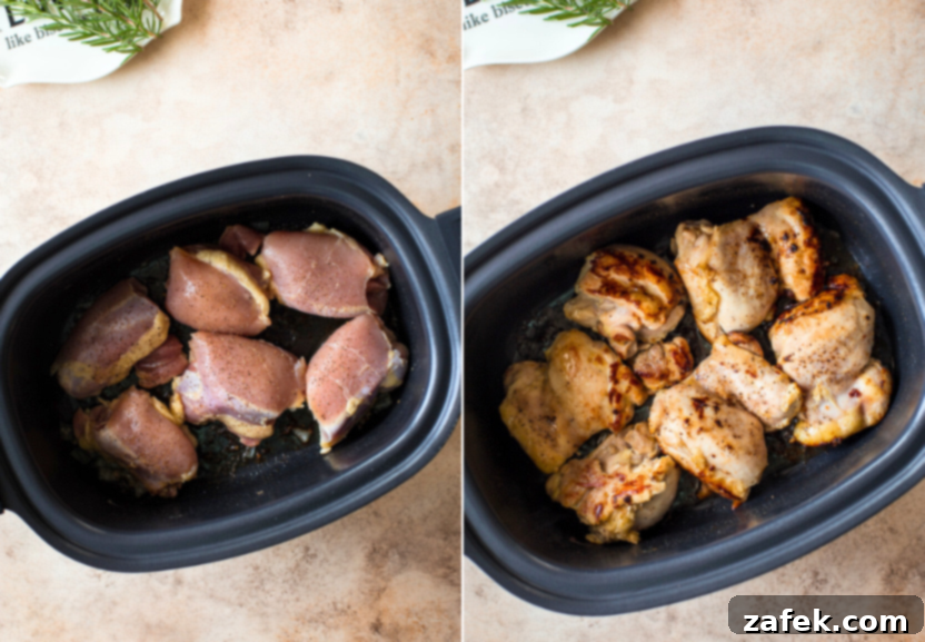 Diptych showing raw seasoned chicken thighs in a slow cooker on the left, and browned chicken thighs in the same slow cooker on the right.