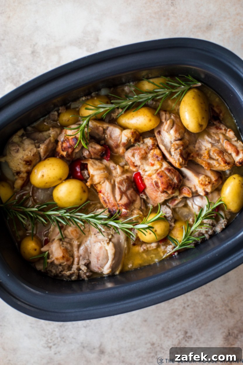 Overhead photo of all pre-cooked ingredients for Chicken Scarpariello assembled in a slow cooker, ready to cook.