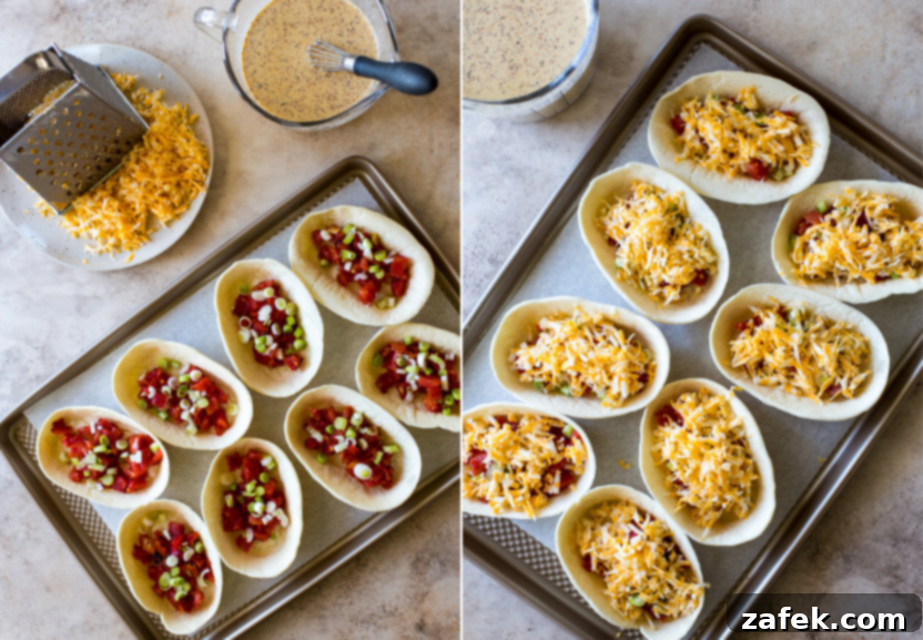 Loaded Mexican Quiche Boats 6 Diptich of taco boats: one image shows bowls filled with tomatoes and onions, the second shows bowls topped with shredded cheese