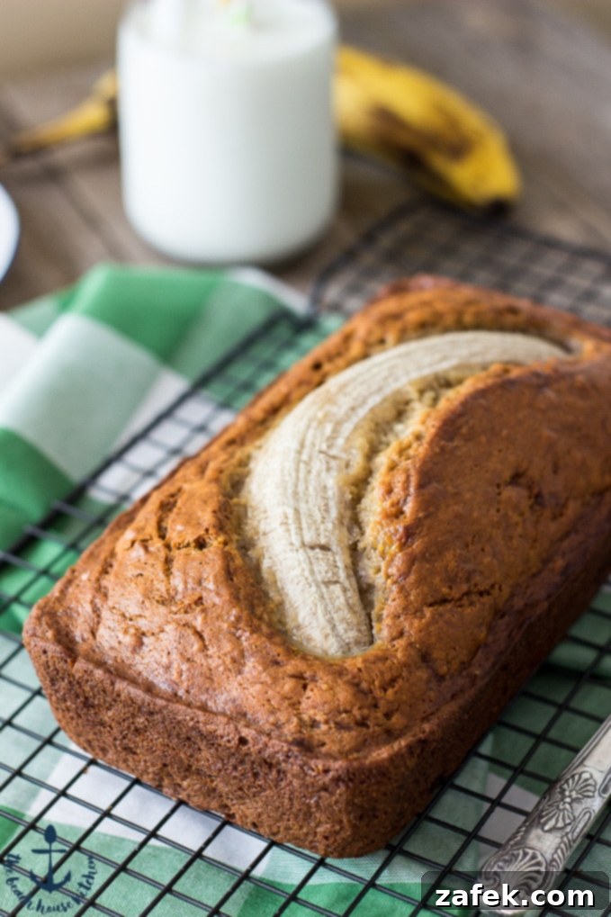 Close-up of golden brown butter banana bread loaf