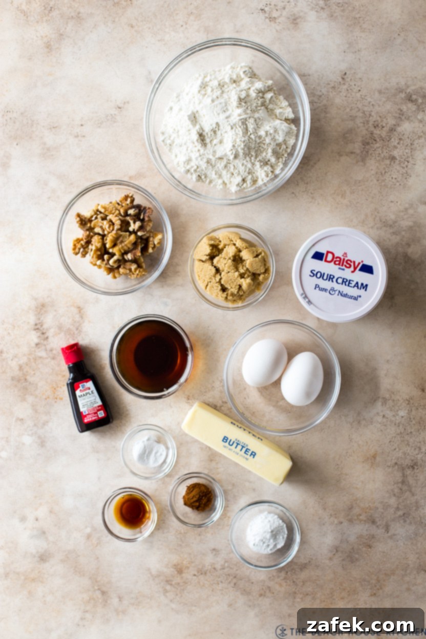 Maple Walnut Cake 4 Overhead photo of ingredients for a maple walnut single layer cake