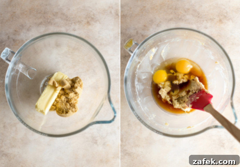 Maple Walnut Cake 7 Diptich of a bowl of butter and brown sugar and a bowl of dough topped with two eggs