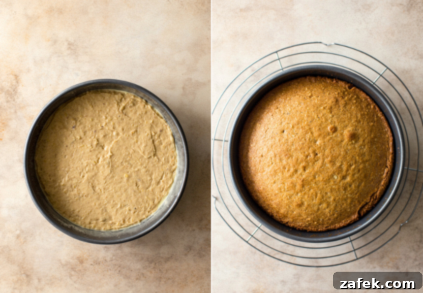 Maple Walnut Cake 8 Diptich of a prebaked cake layer and a baked layer