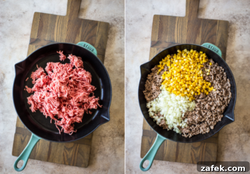 Savory Stuffed Peppers 5 Diptych showing two stages of cooking: precooked ground beef in a skillet on the left, and cooked ground beef with onions and corn in a skillet on the right
