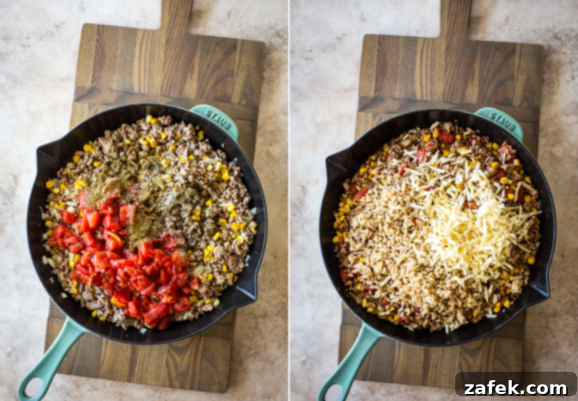 Savory Stuffed Peppers 6 Diptych showing two states of the stuffed pepper mixture: the savory filling simmering in a skillet on the left, and the finished filling topped with melted cheese and rice on the right