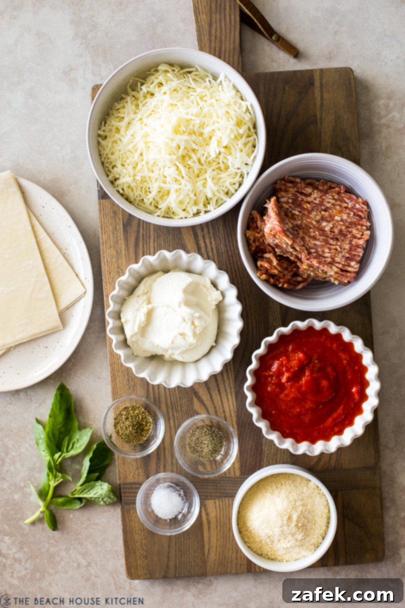 Overhead photo of ingredients for lasagna cups