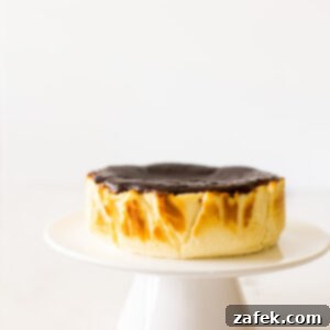 Perfect Air Fryer Basque Cheesecake 7 Air Fryer Basque Cheesecake with a dark, caramelized top and creamy interior on a white pedestal.