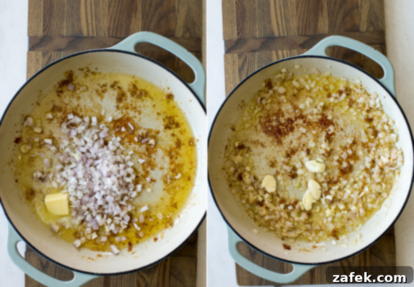 Luscious Garlic Chicken Gnocchi 5 Diptich showing skillet with pre-cooked shallots, oil and butter on the left and skillet with cooked, softened shallots, oil and butter on the right