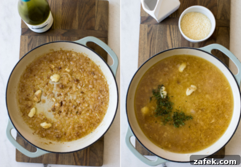 Luscious Garlic Chicken Gnocchi 6 Diptich showing skillet with cooked shallots and garlic cloves on the left and skillet with sautéed vegetables, chicken broth, and fresh thyme leaves on the right